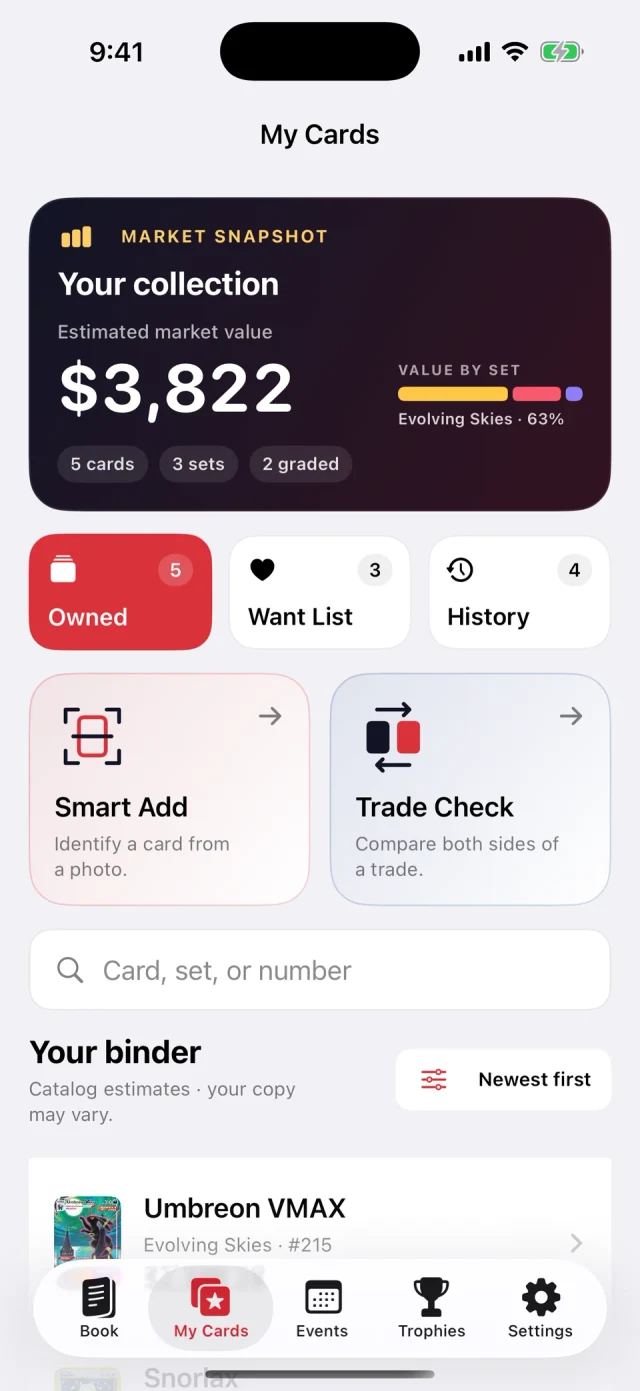 Cardshop VIP My Cards on iPhone, showing a demo collection, estimated values, want list, Smart Add, and Trade Check.
