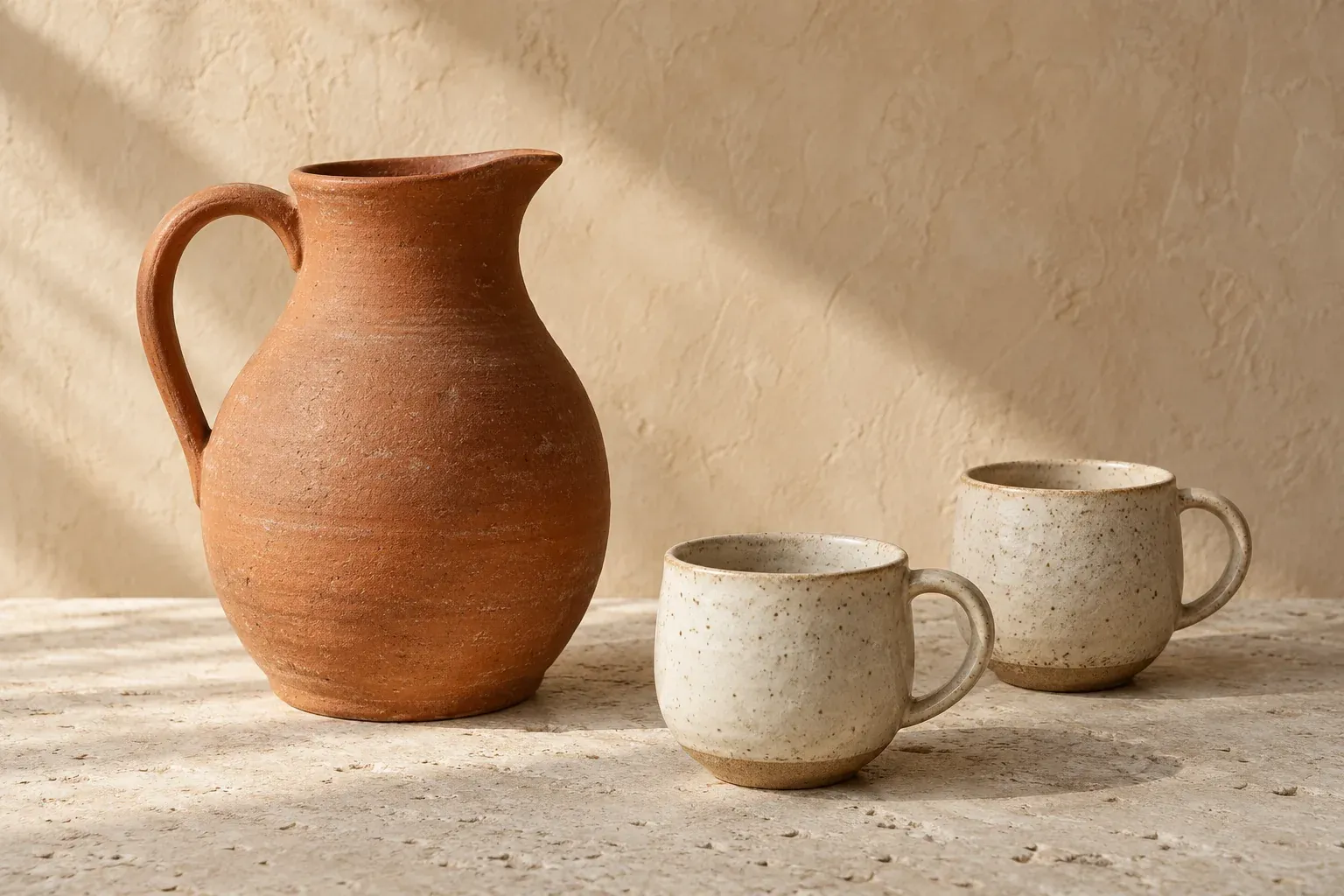 Jarra de barro y dos tazas de cerámica sin marca sobre una superficie de piedra clara.