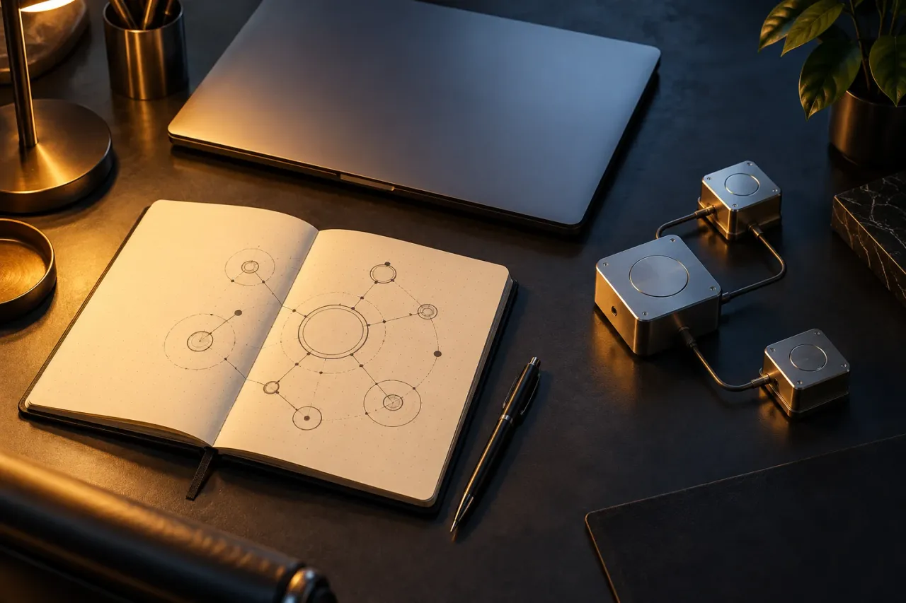Una mesa de planificación técnica con un esquema de arquitectura y módulos conectados.