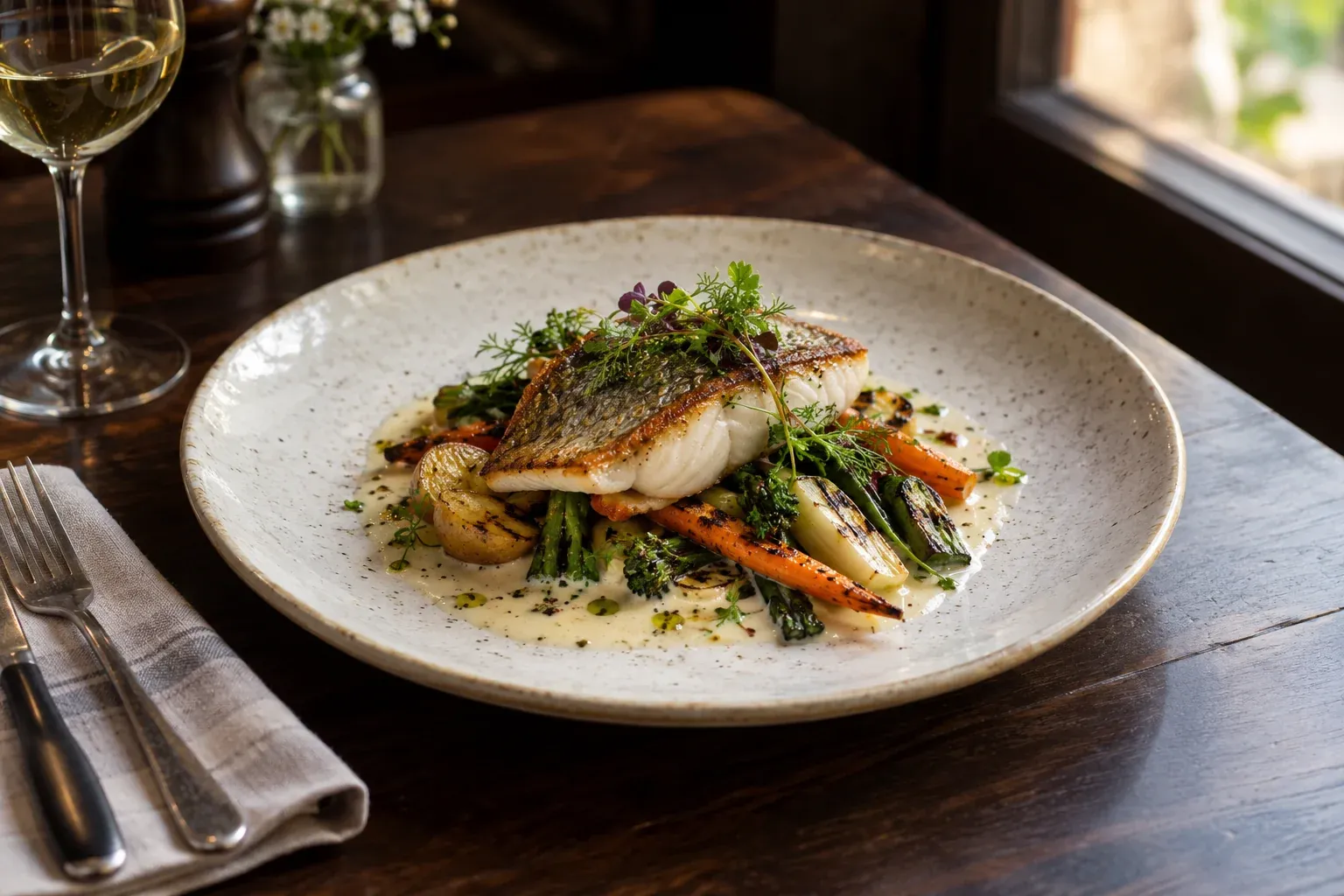 Pescado, verduras de temporada y hierbas sobre cerámica artesanal en un restaurante.