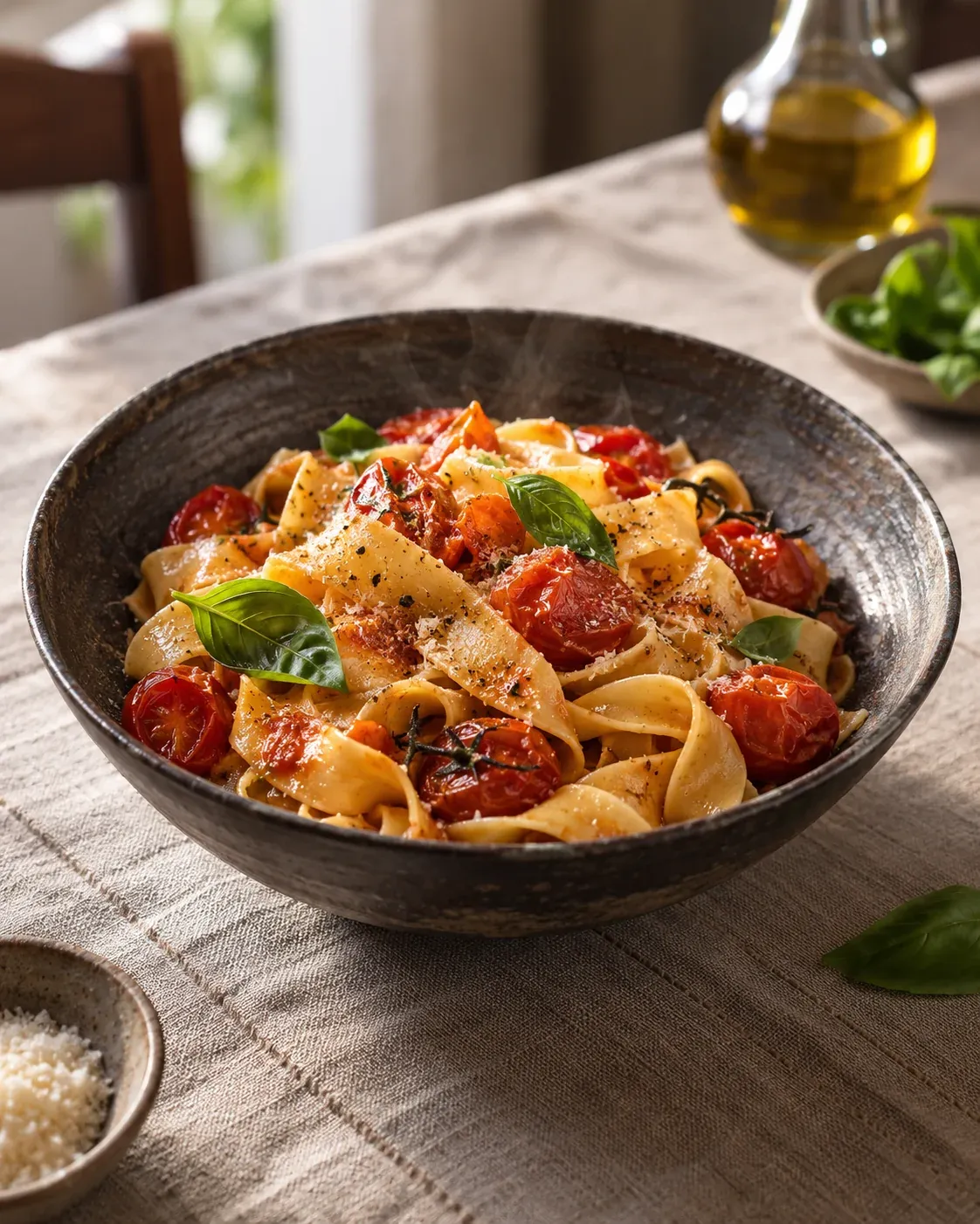 Pasta de cinta hecha a mano con tomates y albahaca en un cuenco de cerámica oscuro.