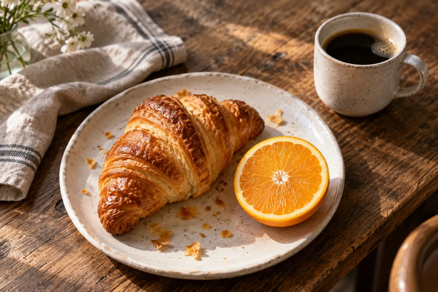 Croissant hojaldrado y cítricos frescos en un plato de cerámica junto a café con luz de la mañana.