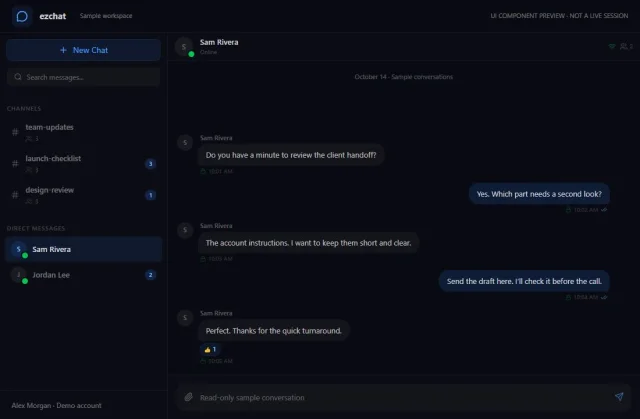 ezchat sample direct conversation between two fictional team members.