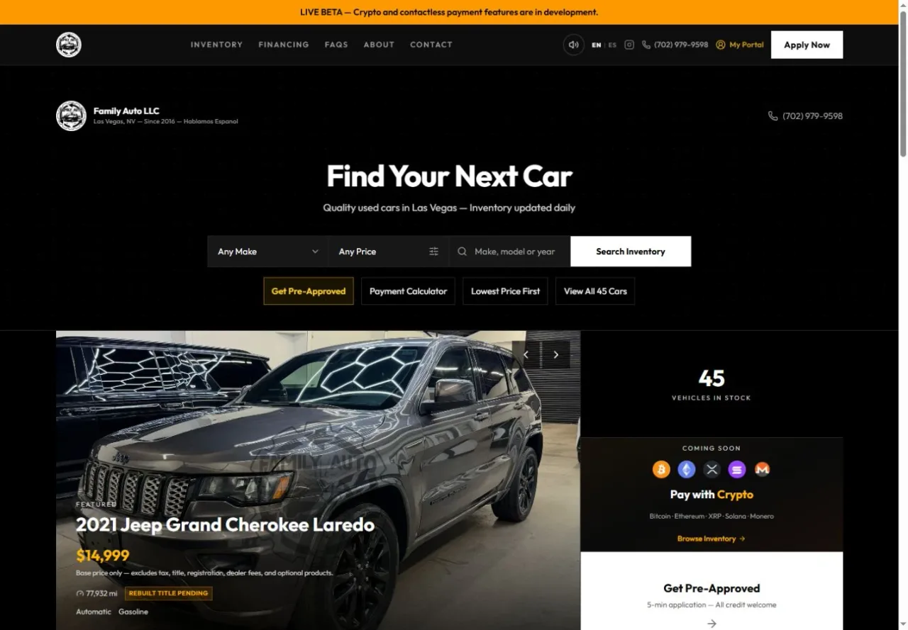 Sitio de Family Auto LV con búsqueda de vehículos y un vehículo destacado.