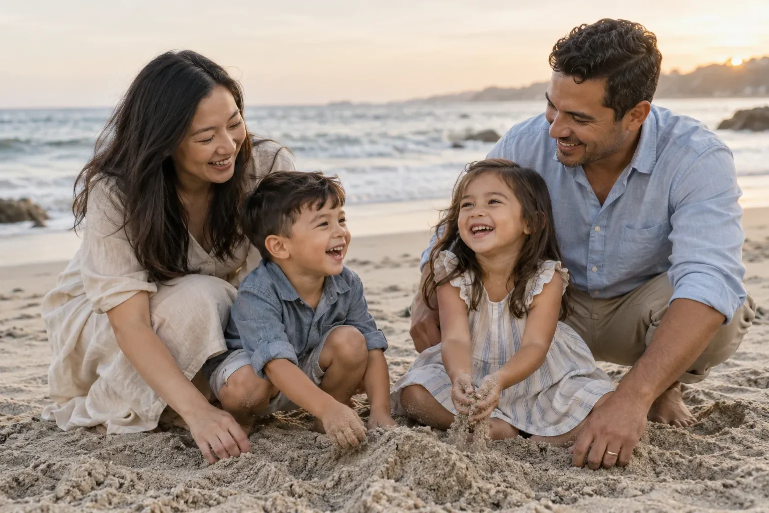 Una familia de cuatro riendo y jugando en una playa tranquila.