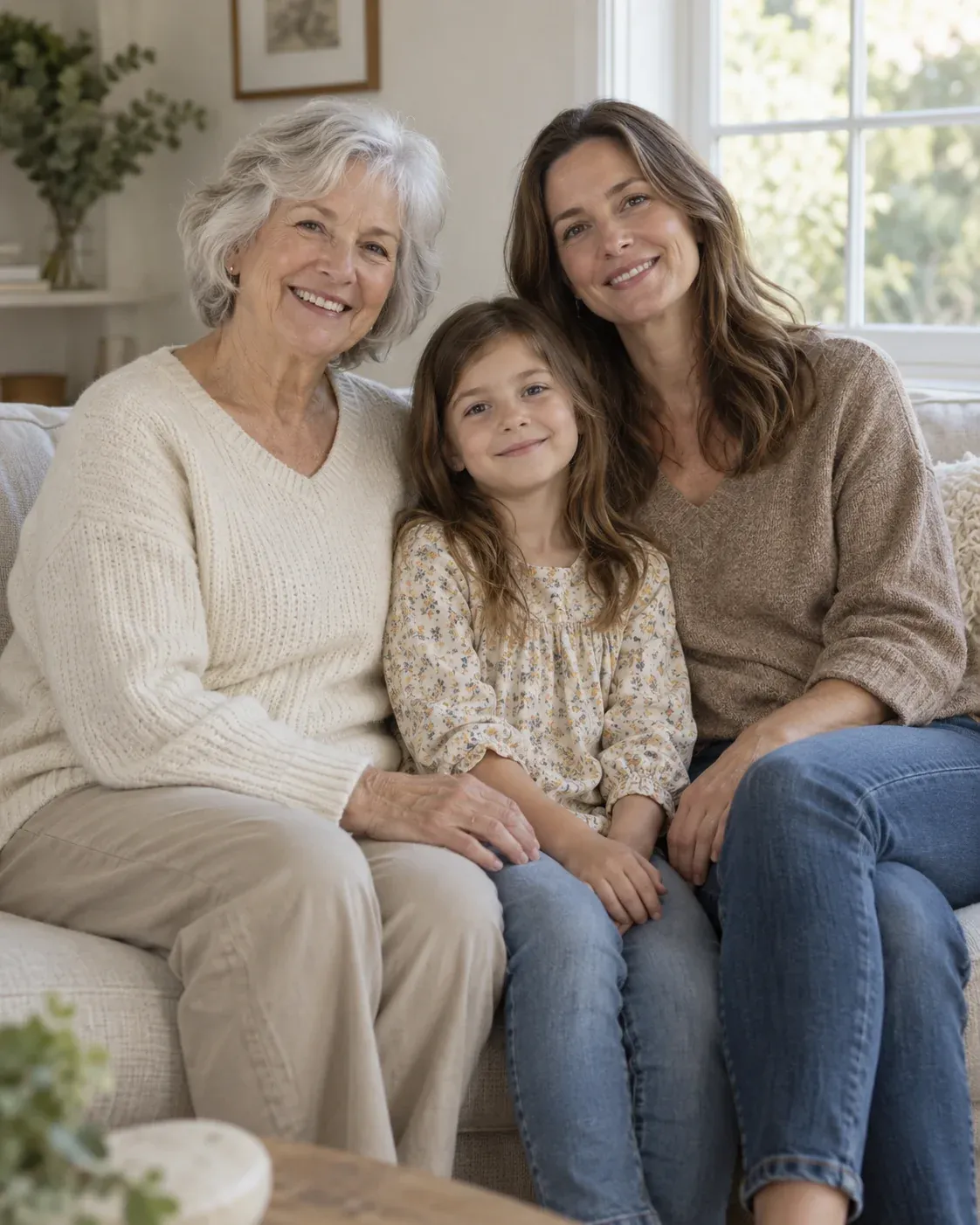 Abuela, hija adulta y un niño sonriendo junto a una ventana de casa.