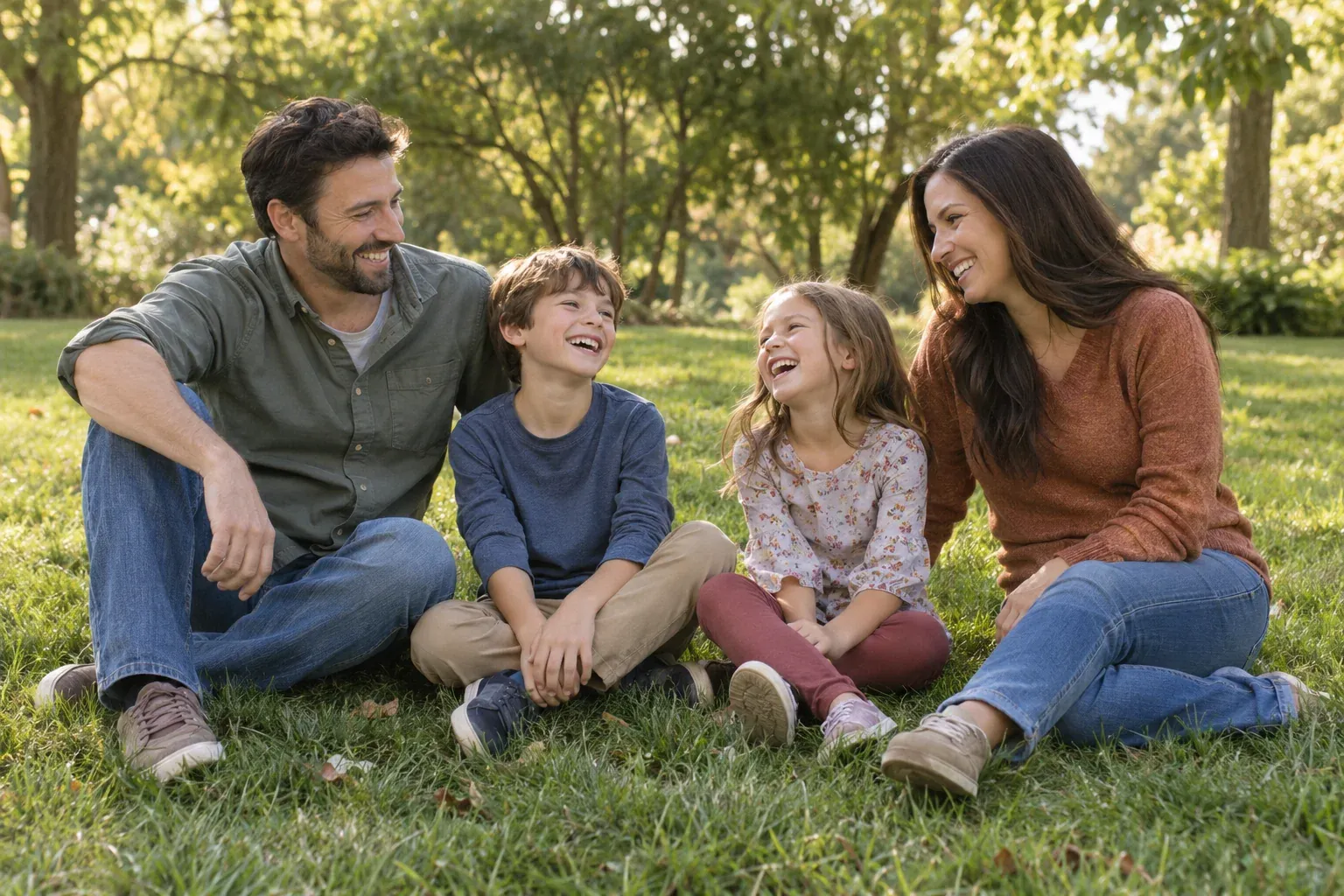 Dos adultos y sus dos hijos disfrutando de un parque con luz cálida de la tarde.