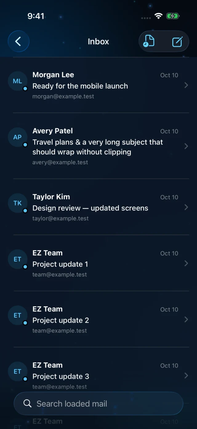 Mail inbox on iPhone with unread messages and search, using a synthetic demo account.