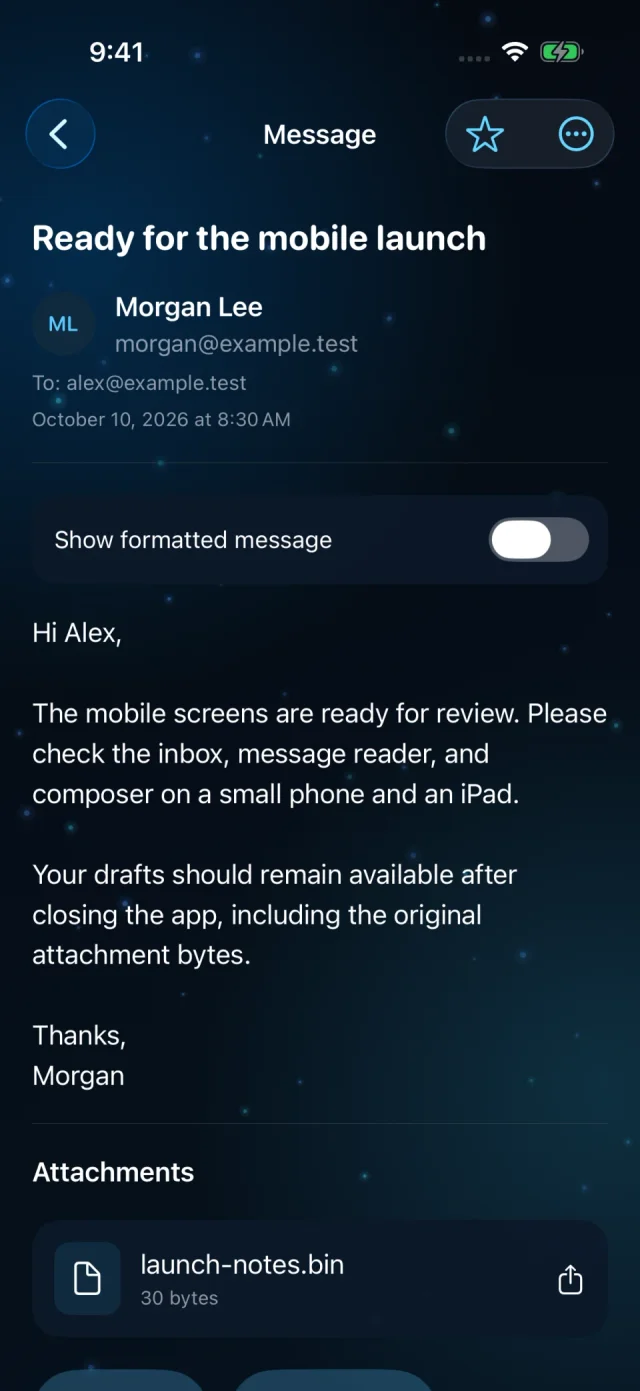 Sample Mail message with sender details, message text, and an attachment, using demo accounts.
