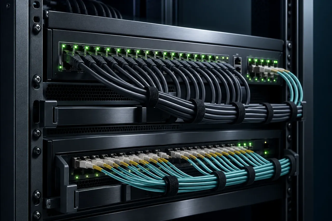 Un rack de red organizado con cables Ethernet y fibra ordenados.