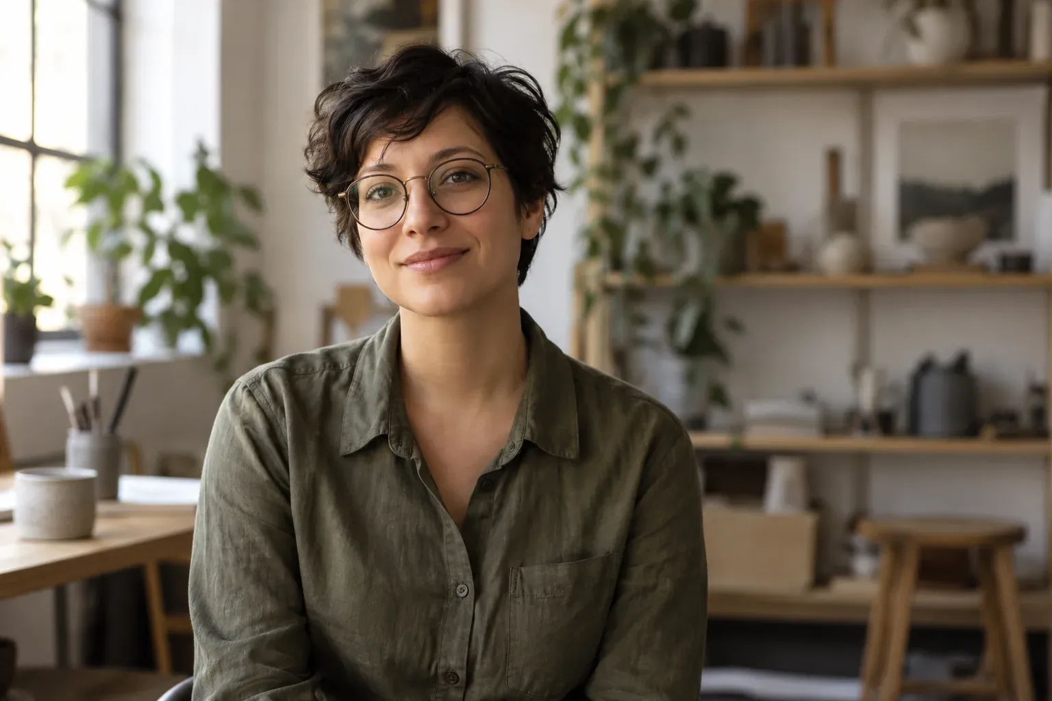 Mujer adulta con gafas redondas y camisa verde oliva en un espacio creativo con luz suave.