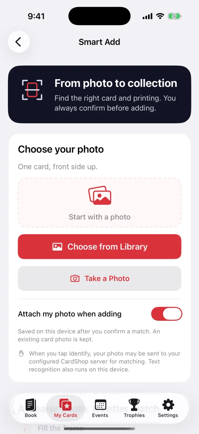 Cardshop VIP Smart Add screenshot showing photo-library and camera controls to identify a card before confirming it.