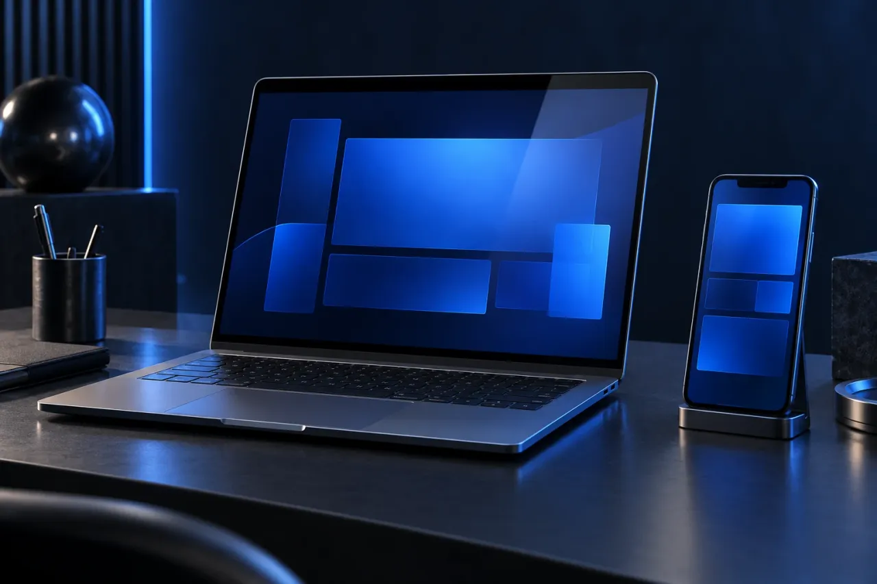 Una laptop y un teléfono con diseños adaptables abstractos en azul.