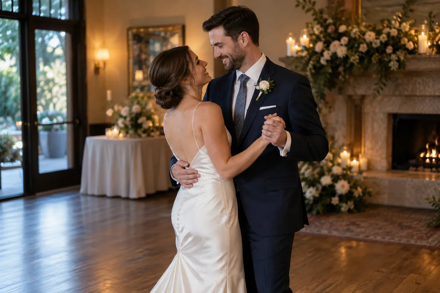 Pareja adulta de recién casados compartiendo su primer baile en un salón con luz cálida.