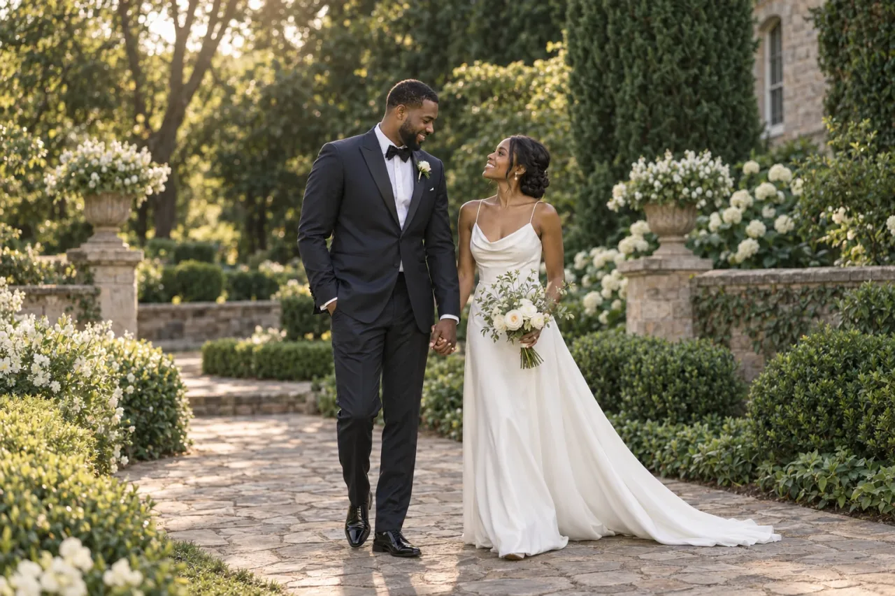 Demo de boda de Studio: una pareja de novios caminando por el jardín de una finca al atardecer.