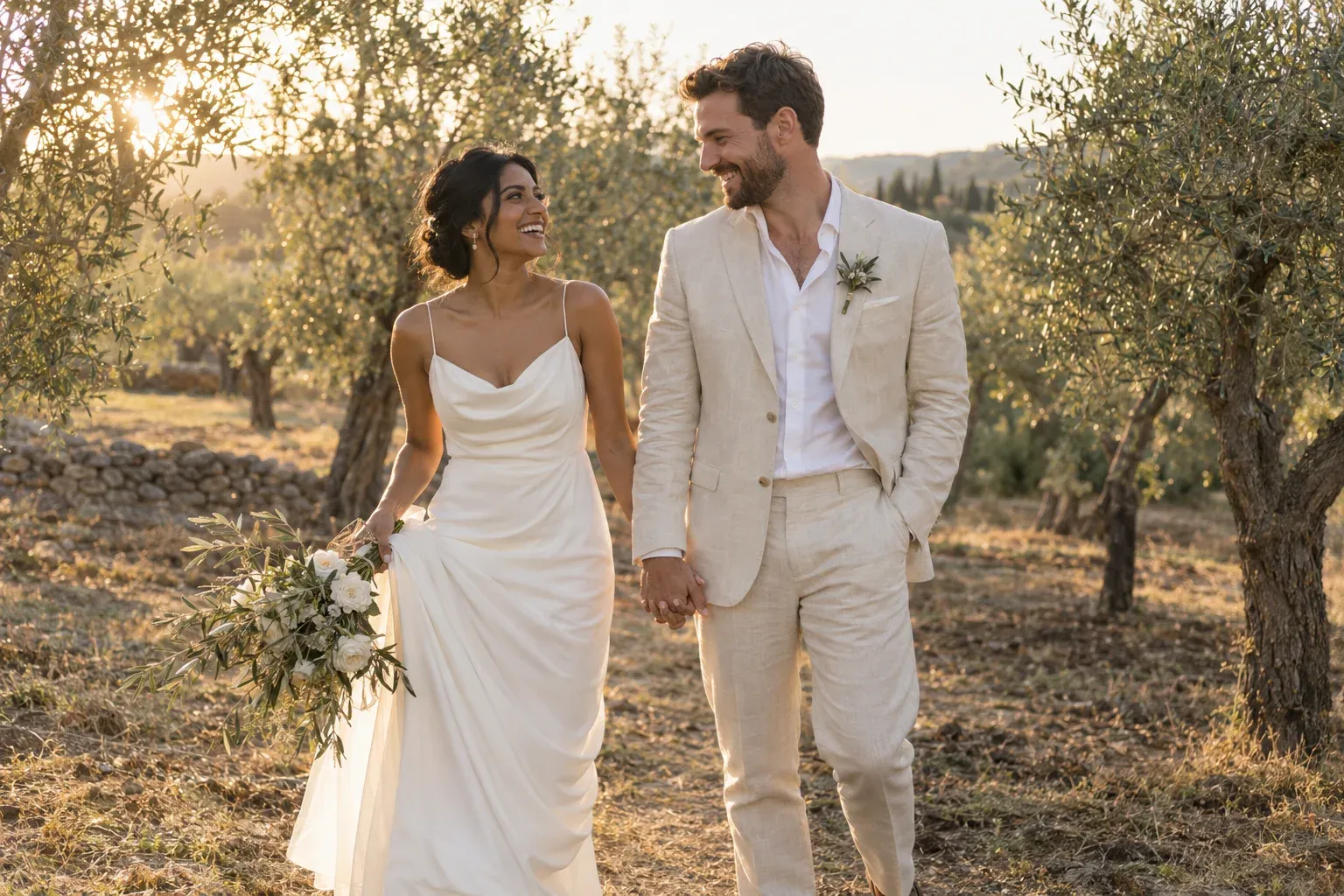 Una pareja de novios riendo en un olivar al atardecer.