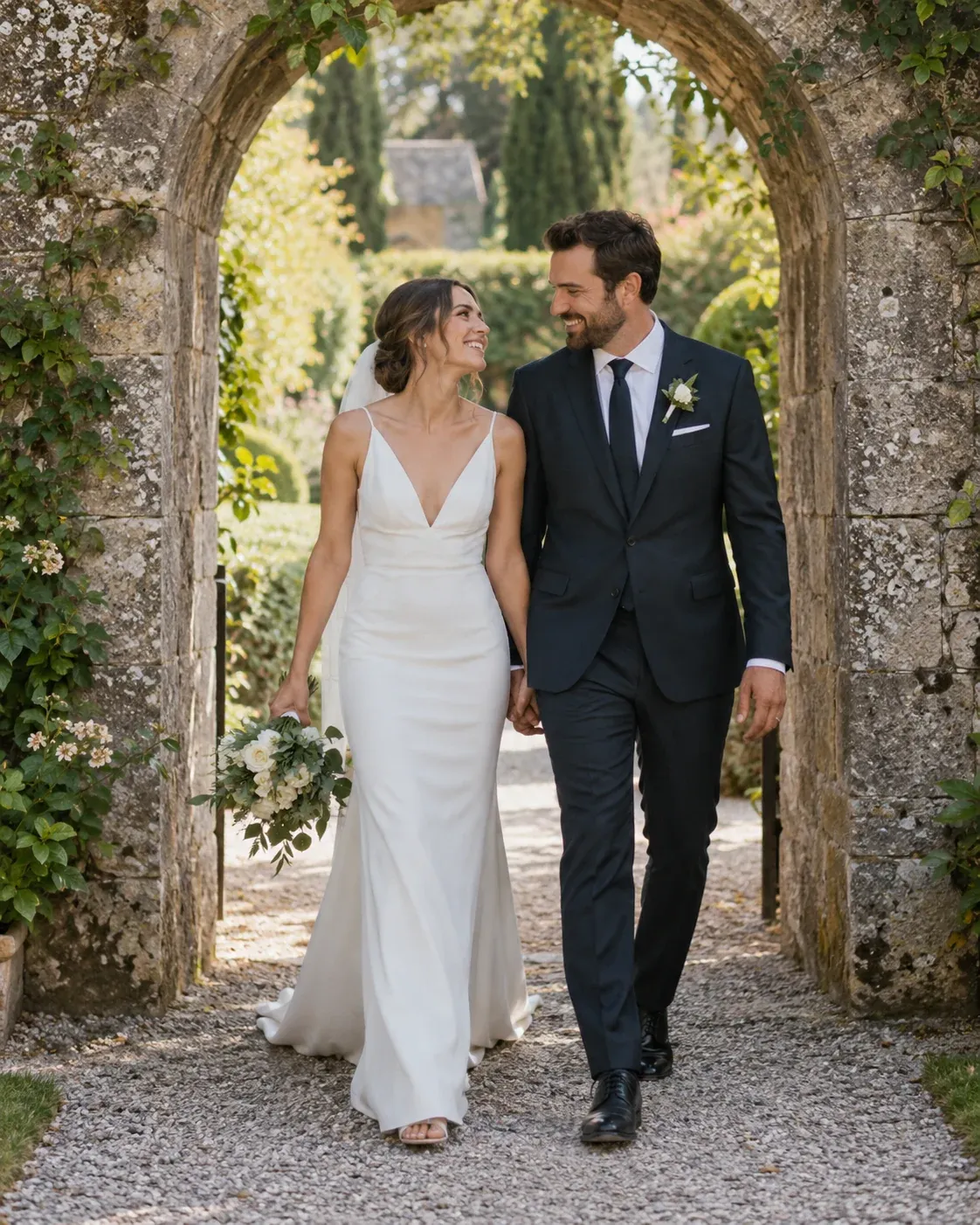 Pareja adulta de recién casados caminando por un arco de jardín iluminado por el sol.