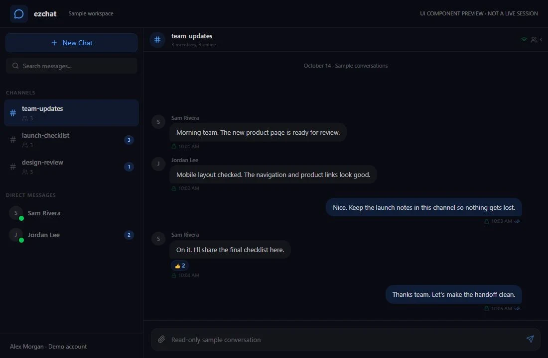 ezchat UI component capture showing sample team channels, direct messages, a group conversation, reactions, and read indicators.