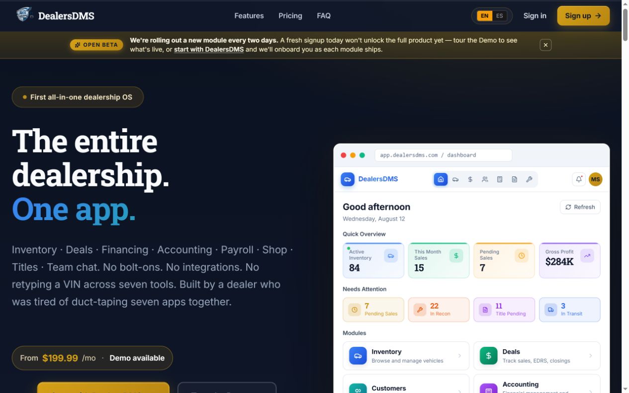 DealerDMS — vista previa de la interfaz